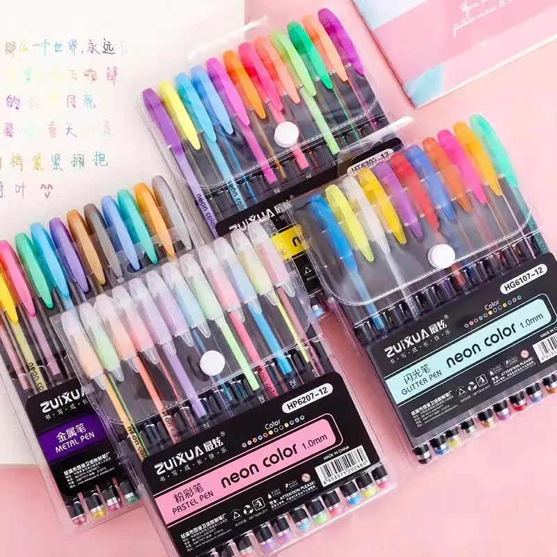 12 Neon Color 1.0mm Tip Glitter Metallic Fluorescence Highlighter Gel Pen Set For Art Sketch Painting Drawing Kids Graffiti Gift