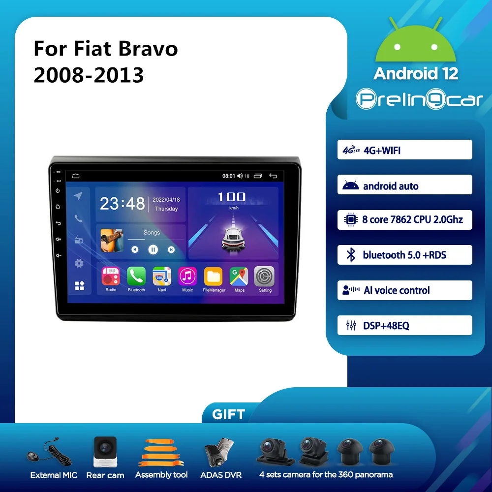 

Автомагнитола Prelingcar на Android 12 для FIAT Bravo 2008-2013 лет, 9 дюймов, без DVD, мультимедийный видеоплеер, навигация GPS, Восьмиядерный процессор