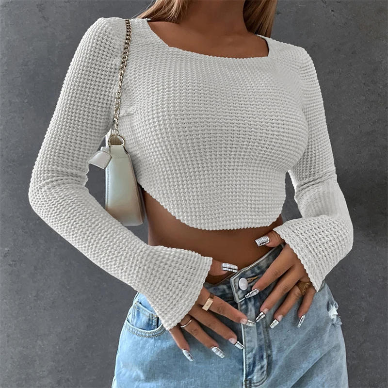 

Sexy Long Sleeve Stitch T Shirt Women Streetwear Y2K Clothes Knit Crop Top Korean Fashion Spring Autumn Short Skinny T-shirt
