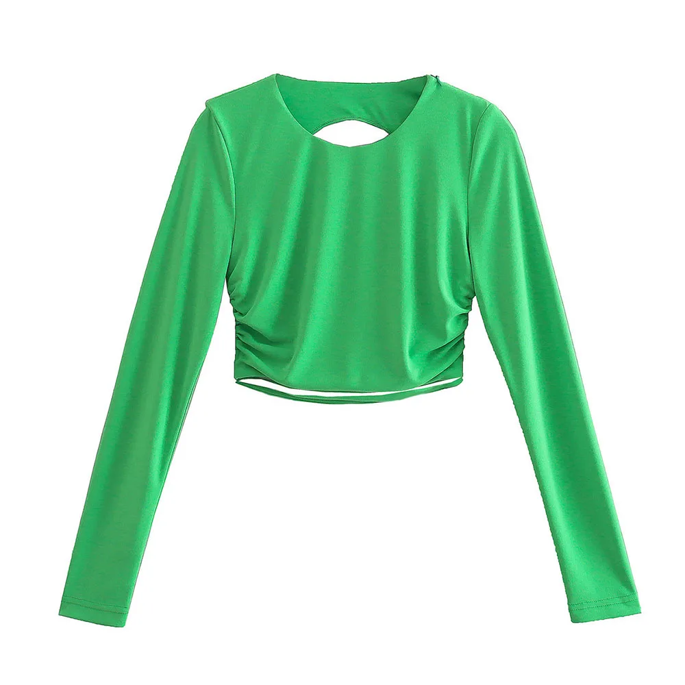 

2022 women's summer new pleated decorative short tops hollowed-out round neck long-sleeved temperament T-shirt