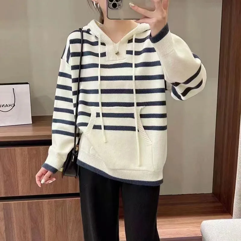 

Осенний Новый женский полосатый вязаный пуловер с капюшоном свободный женский свитер
