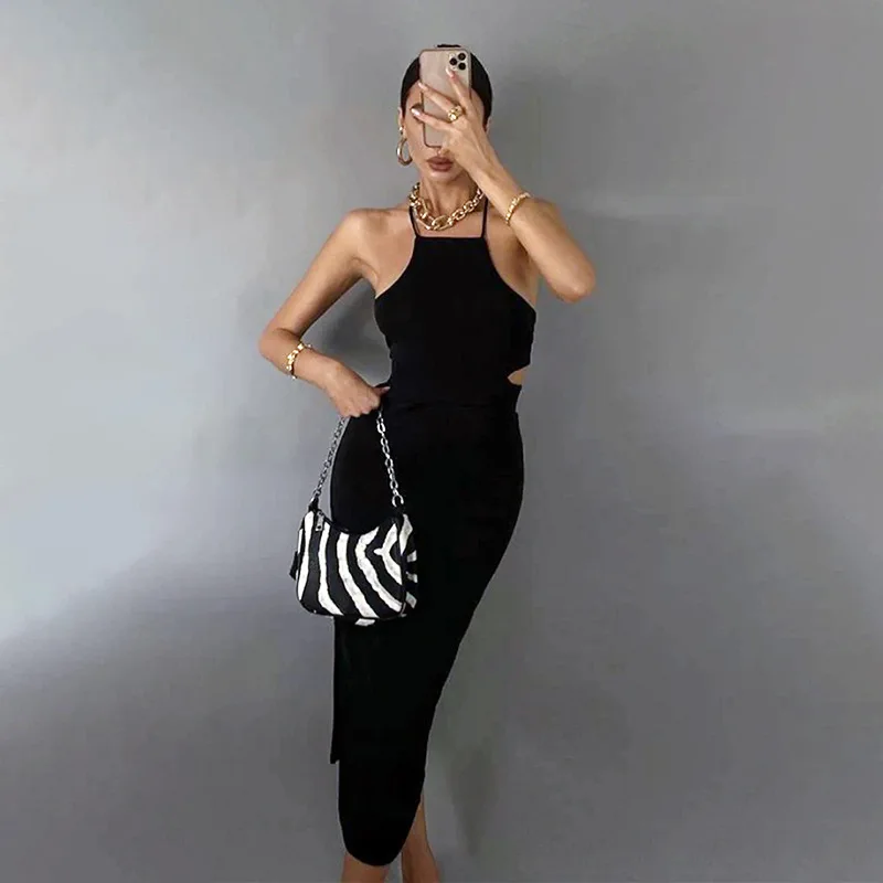 

Женское Открытое платье с Боковым Разрезом, летние бандажные женские платья с лямкой на шее и высокой талией, черная сексуальная пляжная од...