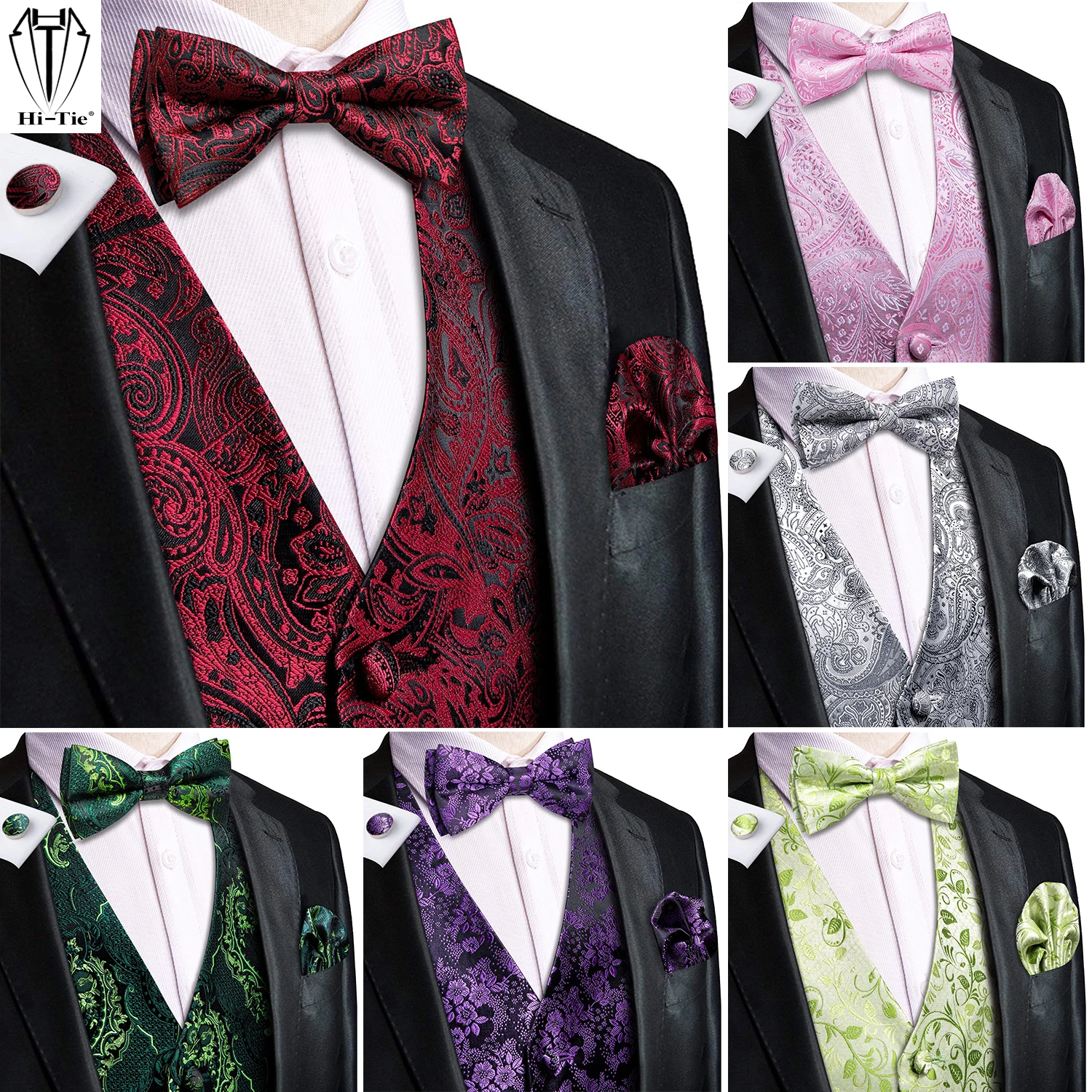

Hi-Tie Jacquard Silk Mens Vest Tie Bowtie Set Sleeveless Jacket Waistcoat Necktie Bow Knot Pocket Square Cufflinks Wedding Work