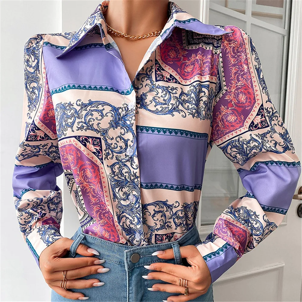 

Women's Blouse Temperament Ethnic Print Long-sleeve Shirt Autumn Spring New Fashion 2022 Ladies Tops Female Clothing