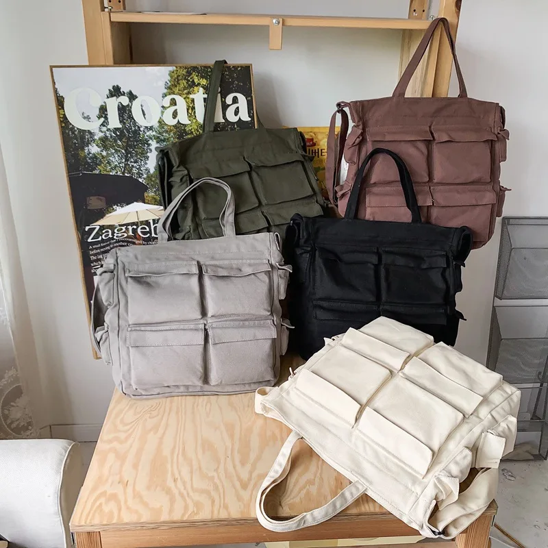 CGCBAG Multiple Pockets Lage Capacity Tote Bags For Women Canvas Shoulder Bag Casual Student Commuting Simple Ladies Handbags