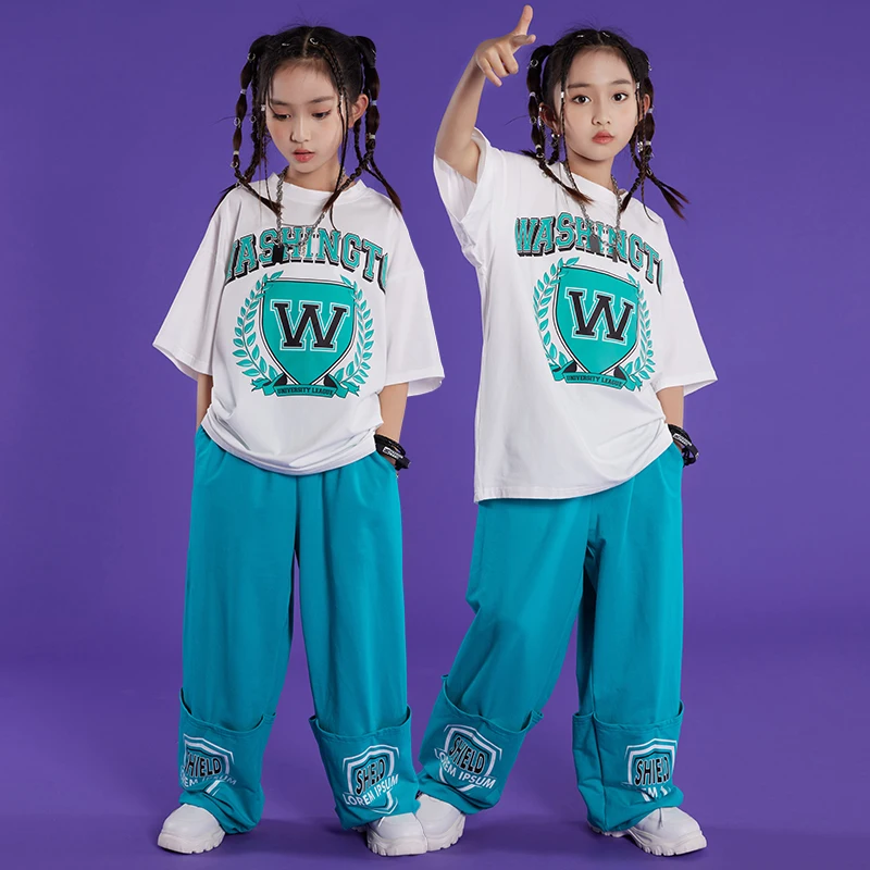 

2023 New Jazz Modern Dance Rave Clothes For Kids Loose T-Shirts Blue Pants Suit Girls Ballroom Hip Hop Dancing Clothes DN15410