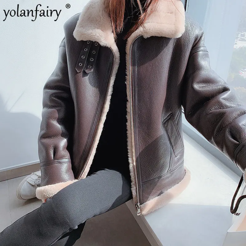 

2022 New Winter Fur Coat Women's Motorcycle Natural Sheepskin Fur Lamb Hair Sheep Shearing Coat Short Genuine Leather Jacket FCY