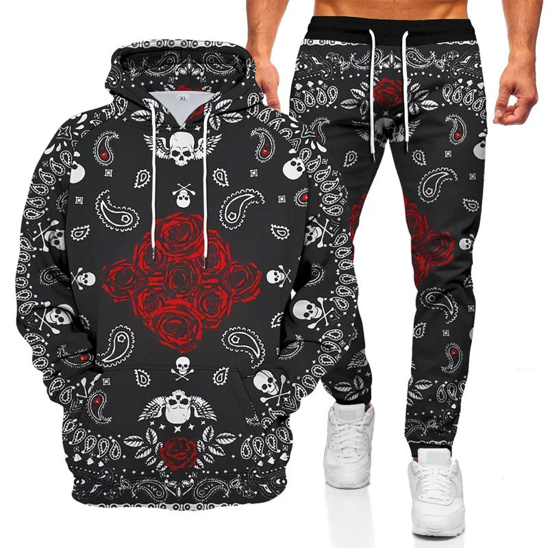 

2 Pieces Of Men's Fashion Sweatshirt 3D Skull Print Cloth Suit Hooded Sweater Casual Sports Home Suit Sports Pants Suit Men