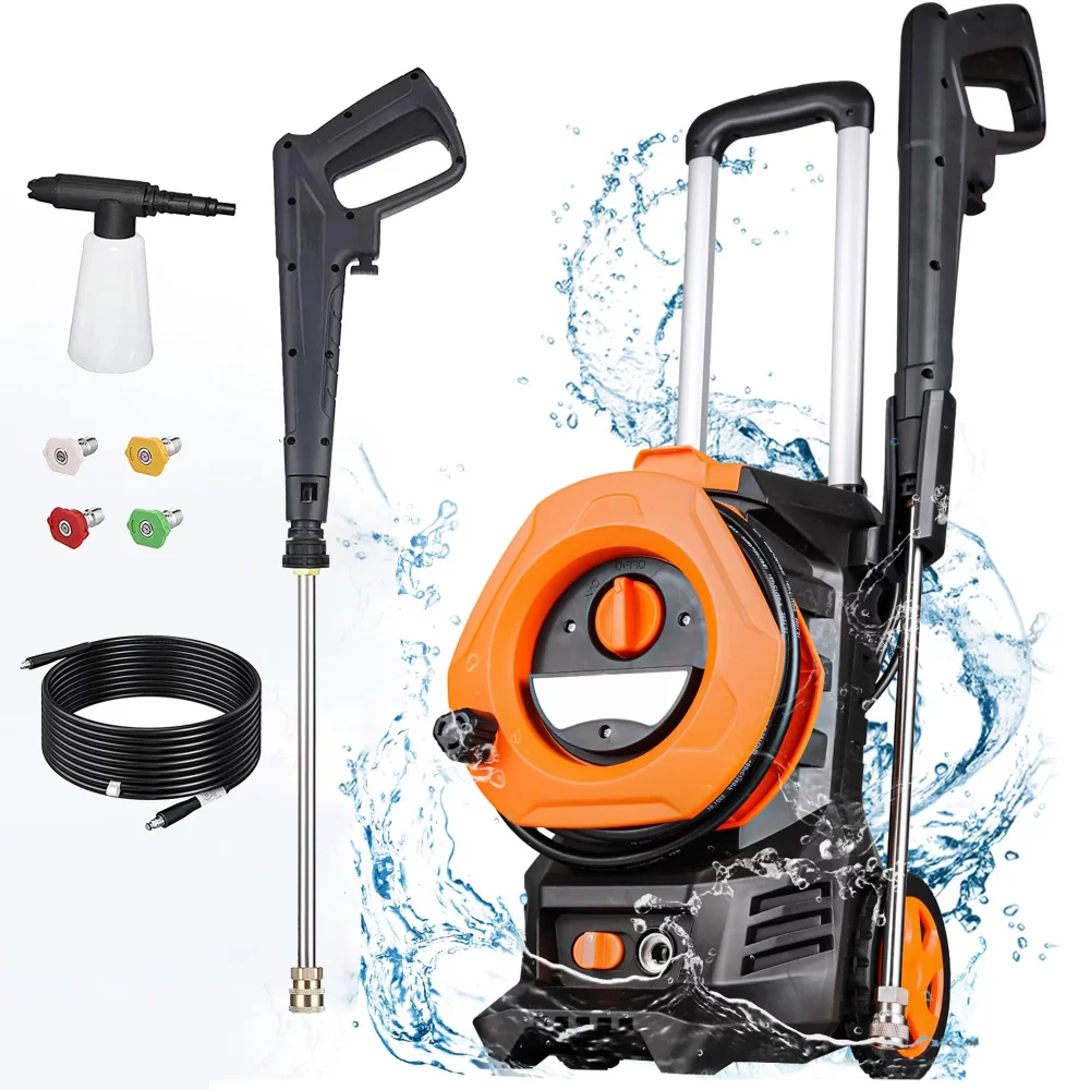 

3300 PSI Electric Pressure Washer with 4 Nozzles Foam Cannon and Hose Reel for Cars Homes Driveways Patios Orange