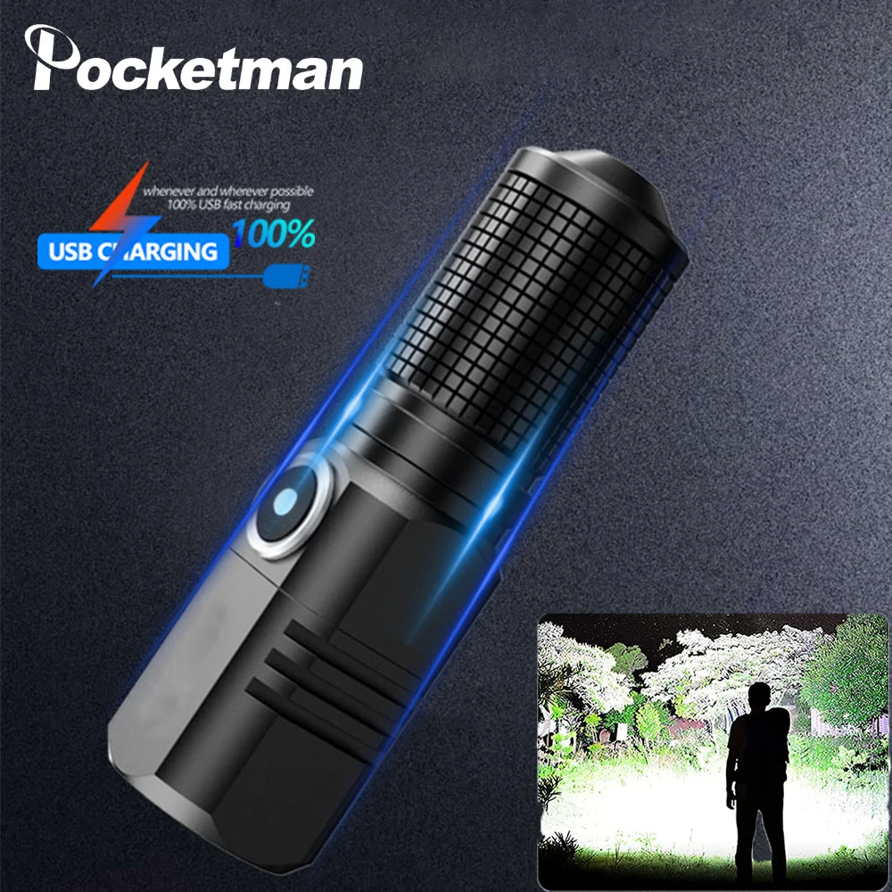 

New Upgraded P100 LED Flashlight Type-C USB Rechargeable Flashlights Mini Pocket-sized Tactical Flashlight Waterproof Torch