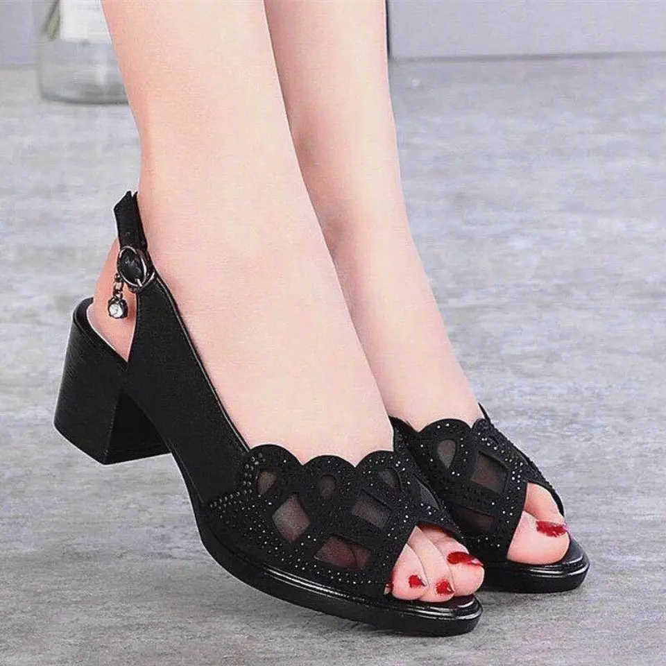 

20222 Women's Sandals Summer Mesh Fish Mouth Chunky Heel Semi-High Heeled Hollow Out Soft Bottom Mom Shoes Zapatos Para Mujer
