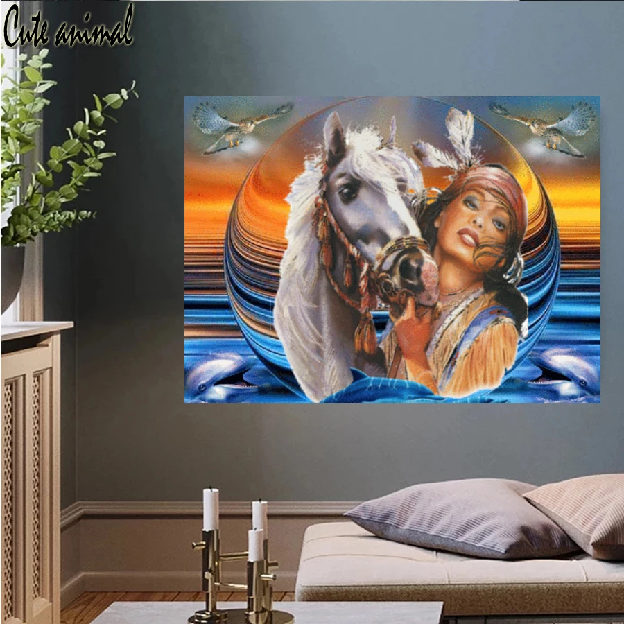 Алмазная 5D картина сделай сам с изображением женщины лошади дельфина Морского