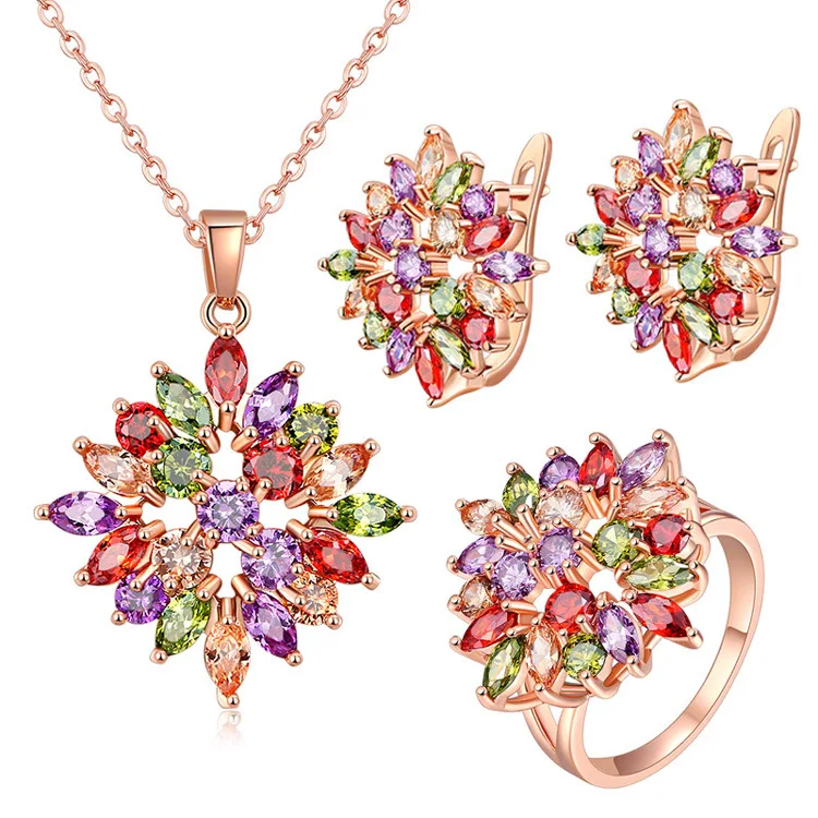 

Romantic Waterdrop Jewelry Set Necklace Earrings Ring Red Cubic Zirconia Women Fashion Accessories Party Wedding Birthday Gift