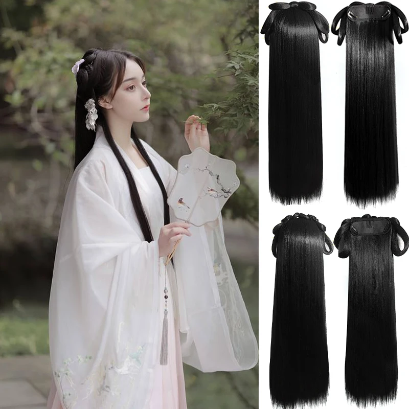 SEEANO Hanfu Wig Headband Women Chinese Style Synthetic Hair Piece Antique Modelling Cos Pad Hair Accessories Headdress Black images - 6