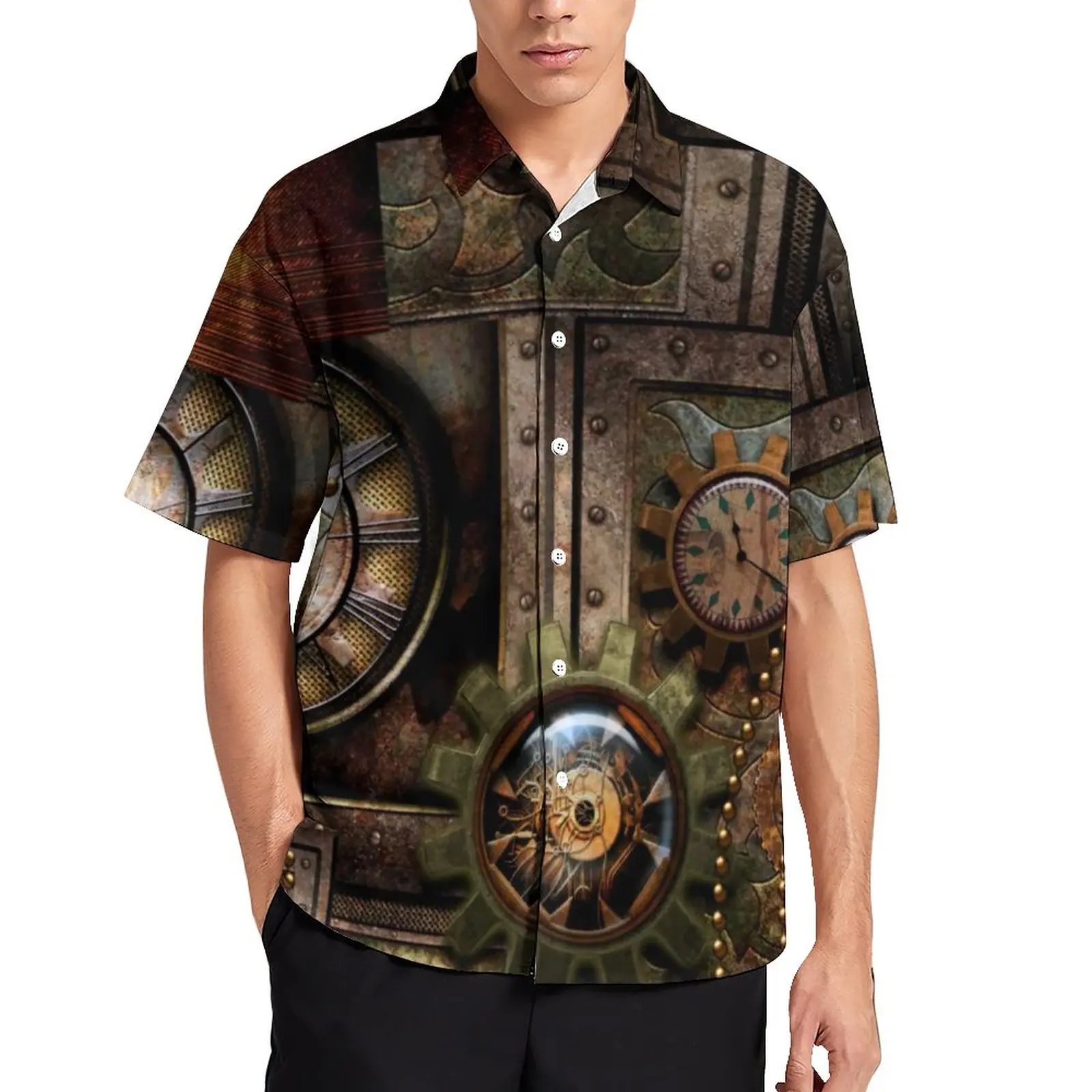 

Steampunk Design Blouses Men Technology Edel Mechanical Casual Shirts Short Sleeves Custom Novelty Oversized Vacation Shirt