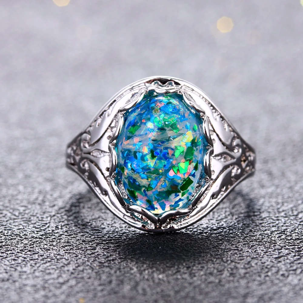 

Fashion Big Multi-Color Opal Statement Ring Women Silver Plated Jewelry New