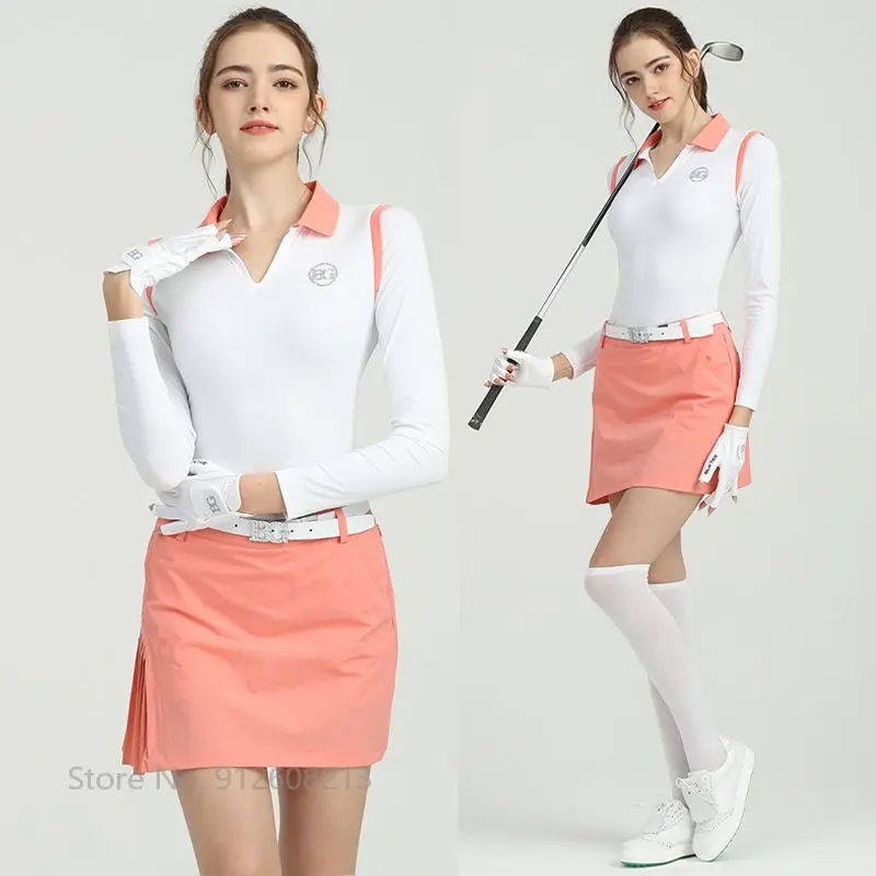 Blktee Autumn Ladies V Neck Sports Tops Long-sleeve Warm Golf Shirt Female Golf Pleated Skirt Korean Anti-exposure Culottes Sets