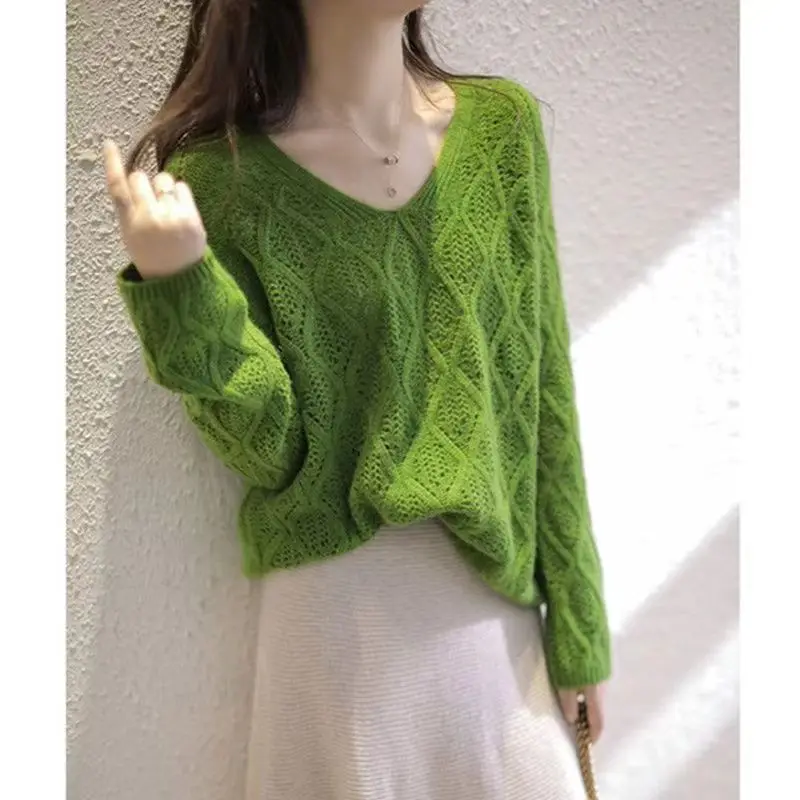 

Spring And Autumn Sweater New Hollow Long Sleeve Knitwear Fashion Casual Loose Slim Fashion V-Neck Solid Women's Sweater
