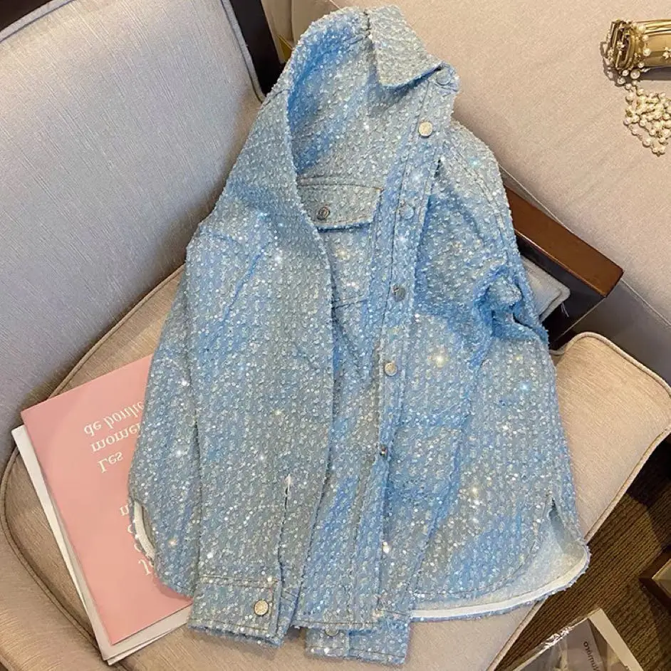 

2023 Autumn Cool Shiny Sequins Jean Jacket Women Denim Jackets Female Girls Loose Frayed Girls Casual Outwear Denim Coat
