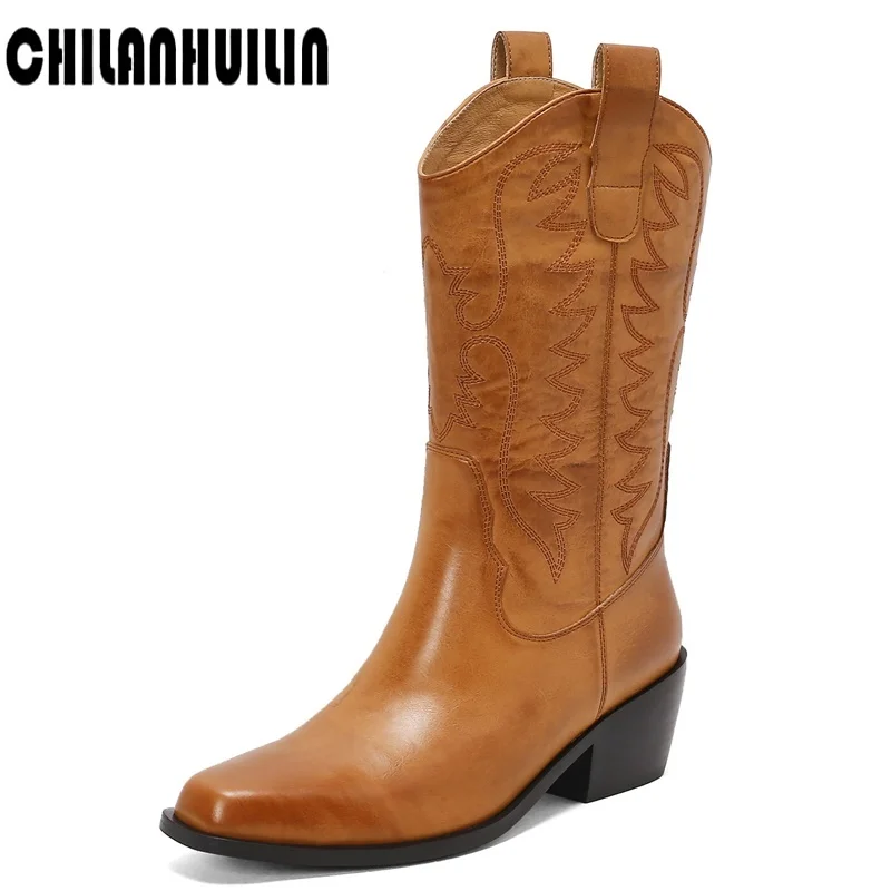 

Женские ботильоны на танкетке на высоком каблуке, зимние классические ковбойские ботинки в западном стиле для женщин, кожаные ботинки с вышивкой и заостренным носком
