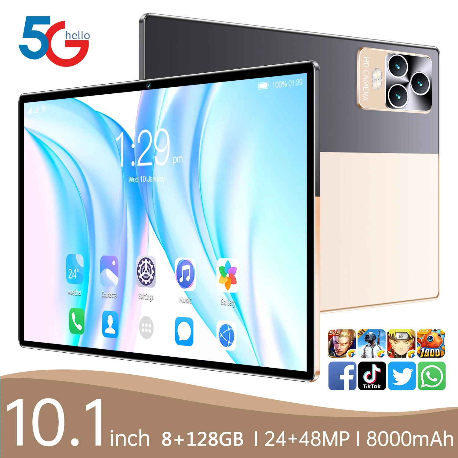 

2023 New Global Version Tablet 8GB RAM 128GB ROM 10.1 Inch HD Screen Tablet Android 12.0 Dual SIM 5G Android Tablet Phone Call
