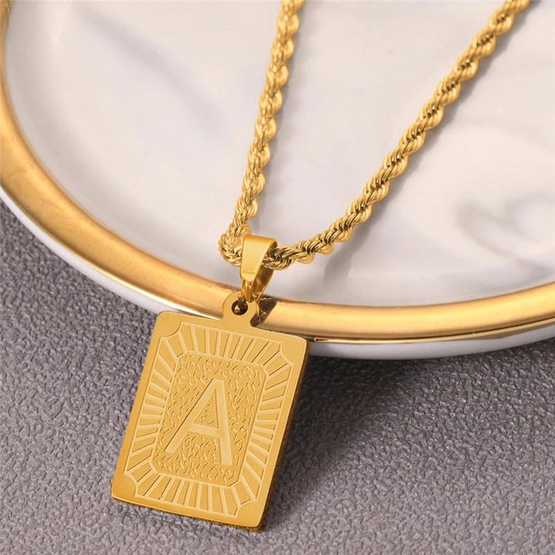 

Fashion golden Pendant Necklace Amulet Stainless Steel Square letter Pendant Bead Chain For Men's Women's lucky Necklace Gift