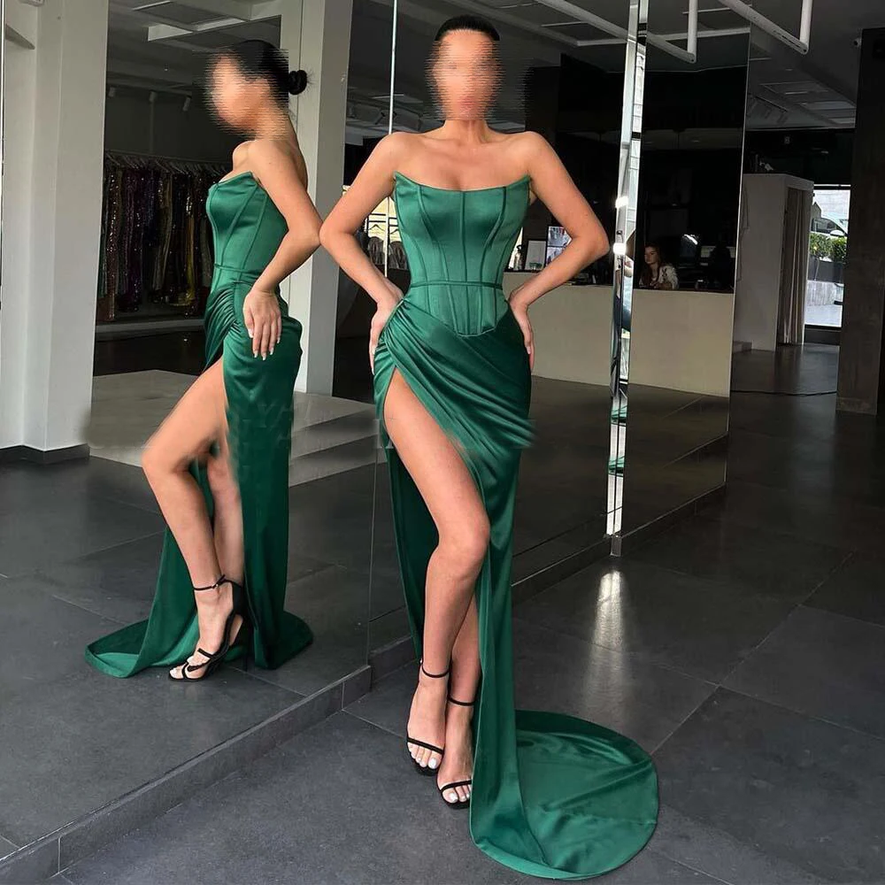 

Thigh-High Slit Dress Sexy Sleeveless Satin Pleat Spaghetti Belt Green Evening Dresses