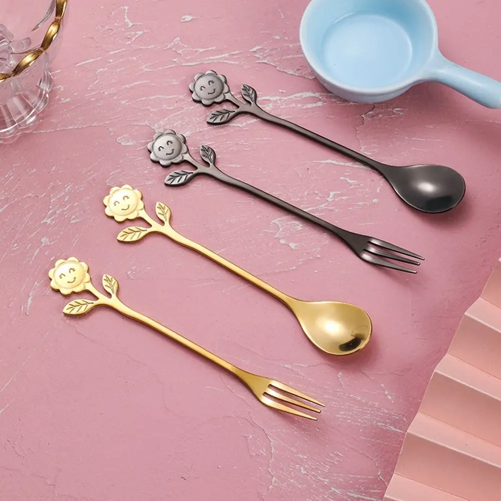 

Cute Sunflower Stainless Steel Spoon & Fork Coffee Tea Stirring Spoon Dessert Spoon Fruit Fork Cup Accessories Souvenirs Gifts