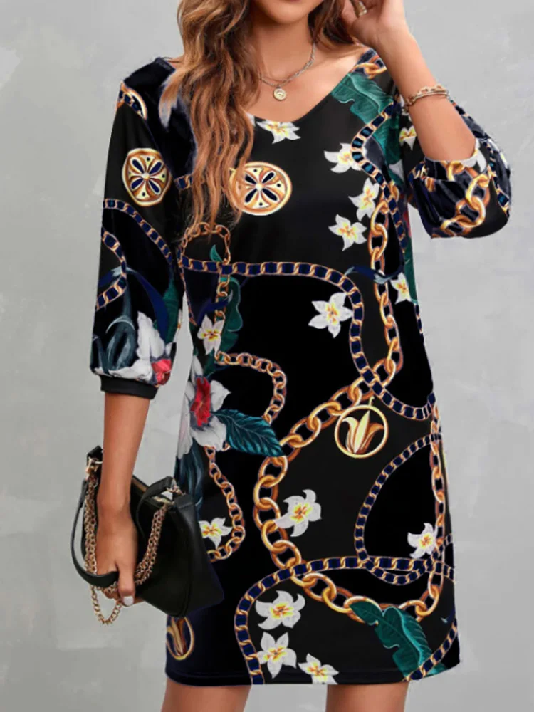 

Spring Summer Women Three Quarter Sleeve Dress Casual Loose Female Streetwear Print Dress V Neck Elegant Lady Vintage Mini Dress
