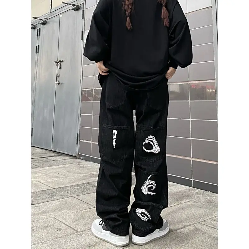 Men's Y2K Clothes Casual Printed Women's Vintage Baggy Wide Leg Straight Jeans Trousers Denim Pants Goth Streetwear