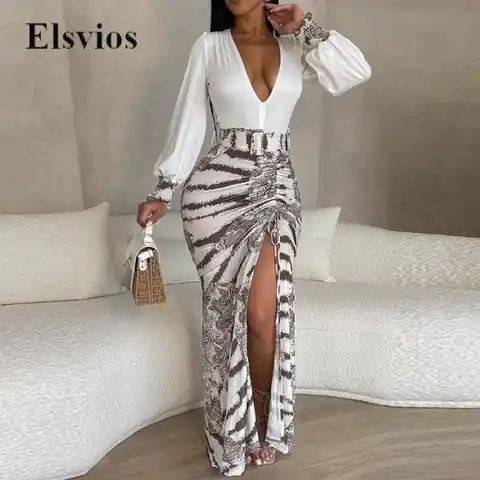 Women Fashion Belt Slim Long Dress Summer Sexy Print Drawstring Tie-up Split Party Dresses Elegant Long Sleeve Office Lady Dress