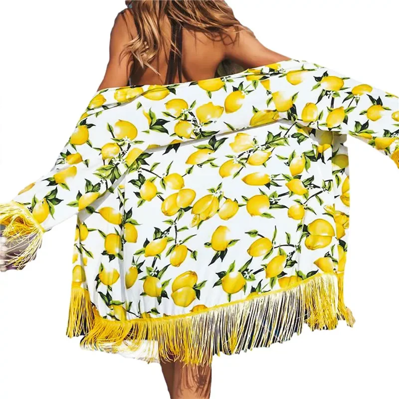 

Women Yellow Lemon Printed Beach Cover Up Casual Beach Blouse Swimwear Bikini Cover Ups Swimming Robe With Tassels