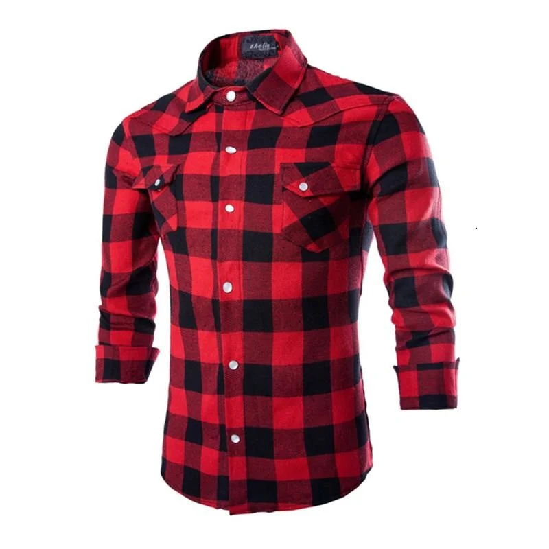 

Classic Plaided Shirts for Men Casual Slim Fit Long Sleeve Shirt Black Red Plaid Spring Autumn