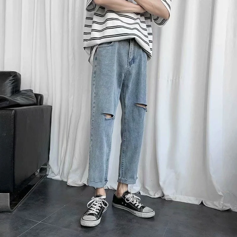 Summer Blue Ripped Jeans Men's Fashion Casual Straight Jeans Men Streetwear Loose Hip Hop Hole Denim Pants Mens Trousers S-3XL