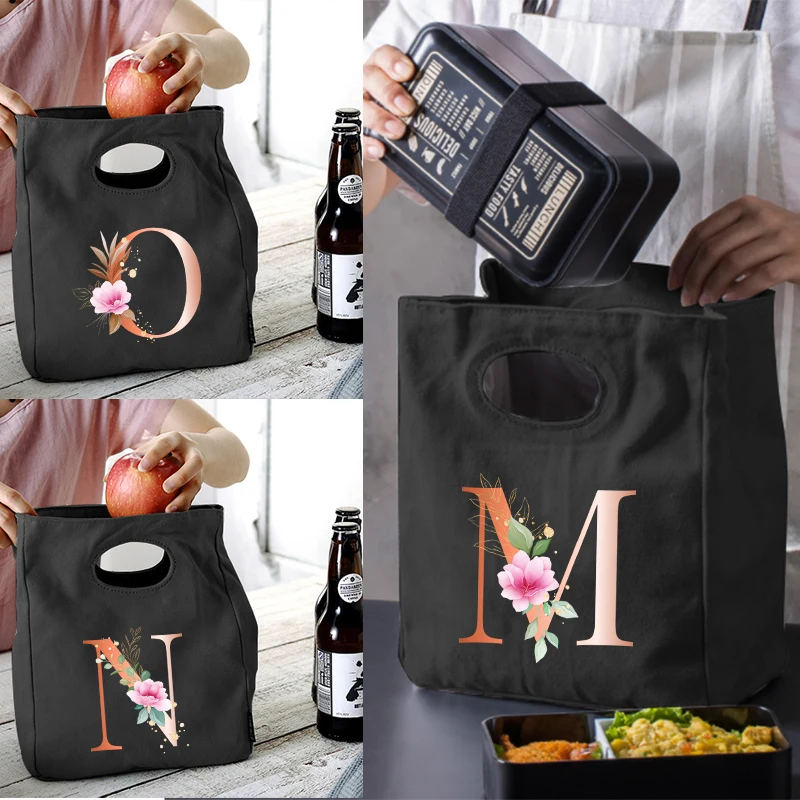

Thermal Lunch Bag Cooler Tote Portable Insulated Box Canvas Orange Letter Print School Picnic for Men Women Kids Travel Lunchbox