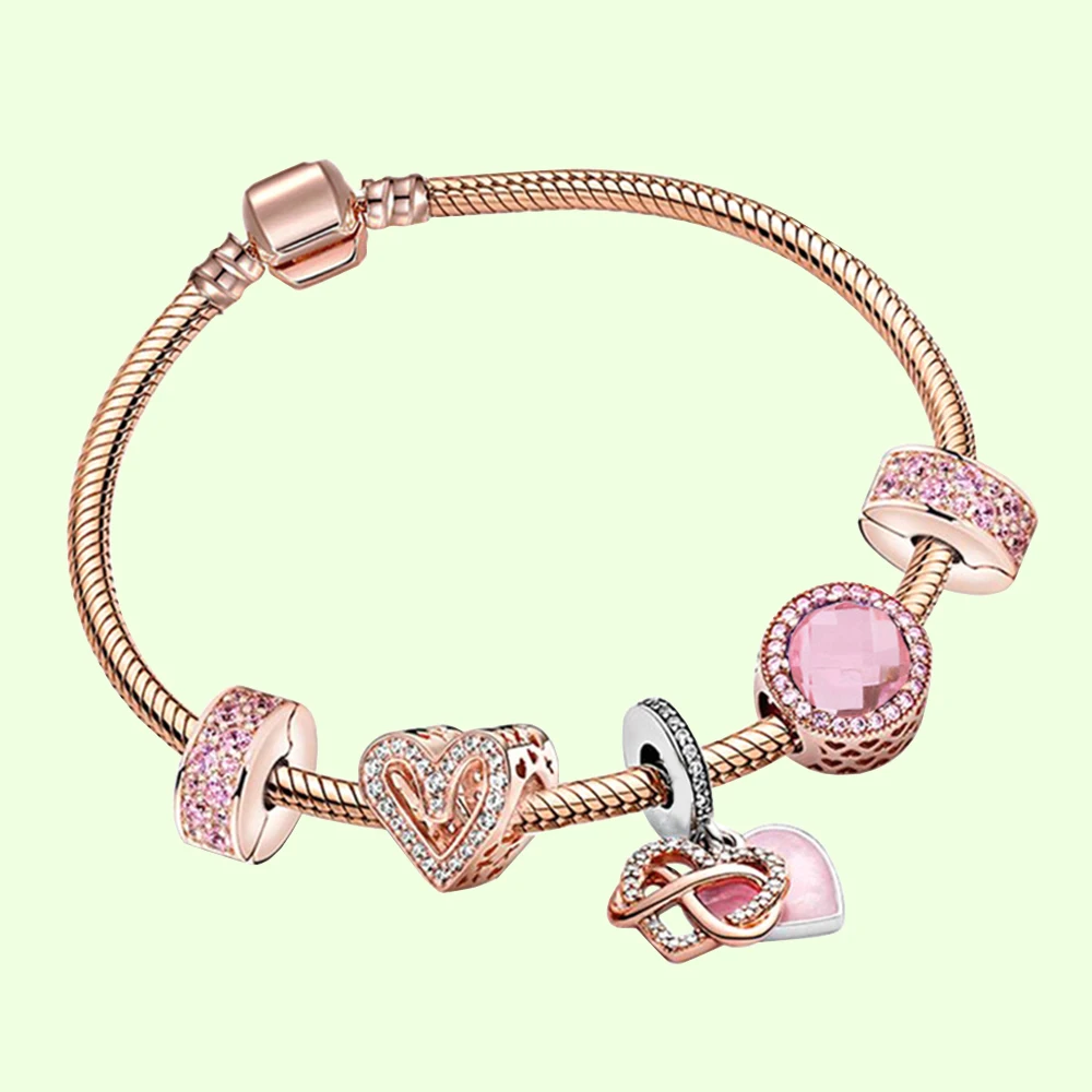 

Wrapped Heart Rose Gold Snake Chain Charm Bracelet 925 Silver fit for Luxury Ladies Feast Jewelry Gift