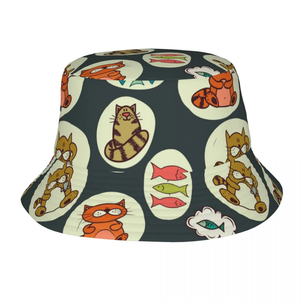 

2023 New Fisherman's Hat Cute Colorful Cartoon Cats And Fish Unisex Bob Cap Hip Hop Gorros Panama Windproof outdoor Bucket Hat