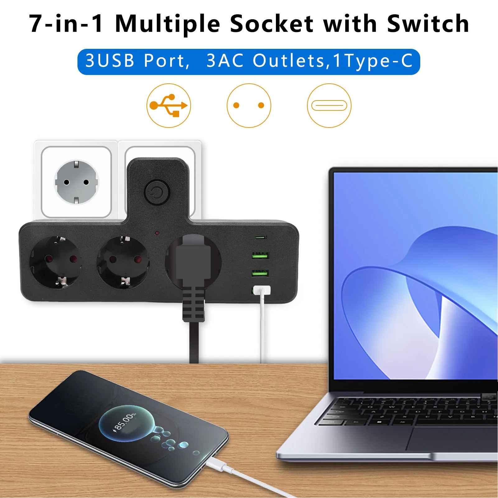 Фото Удлинитель розетки 3 розетки переменного тока 3 USB-порта 1 порт типа C Многофункциональный удлинитель с выключателем для дома №1