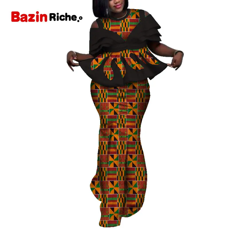 

African Wax Print Two Piece Set Bazin Riche Elegant African Traditional Clothing Dashiki Crop Top and Skirt Suits WY5107