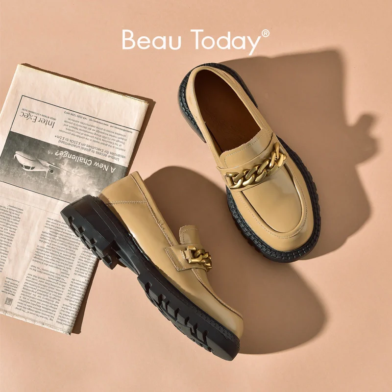 

Loafer Women Cow Leather Metal Chain Round Toe Slip On Ladies Shoes Thick Se Handmade FS27768