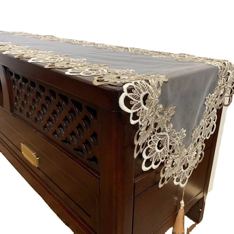 Pastoral Gauze Table Runner Embroidered TV Cabinet Tablecloth Lace Pendant Tassel Dresser Table Flag Dust Cover Table Decoration