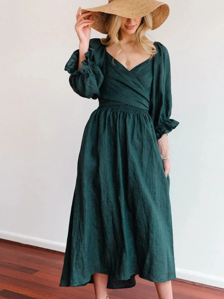 

Женское винтажное платье с поясом, зеленое однотонное длинное платье с оборками, V-образным вырезом и рукавами-фонариками, уличная одежда на...