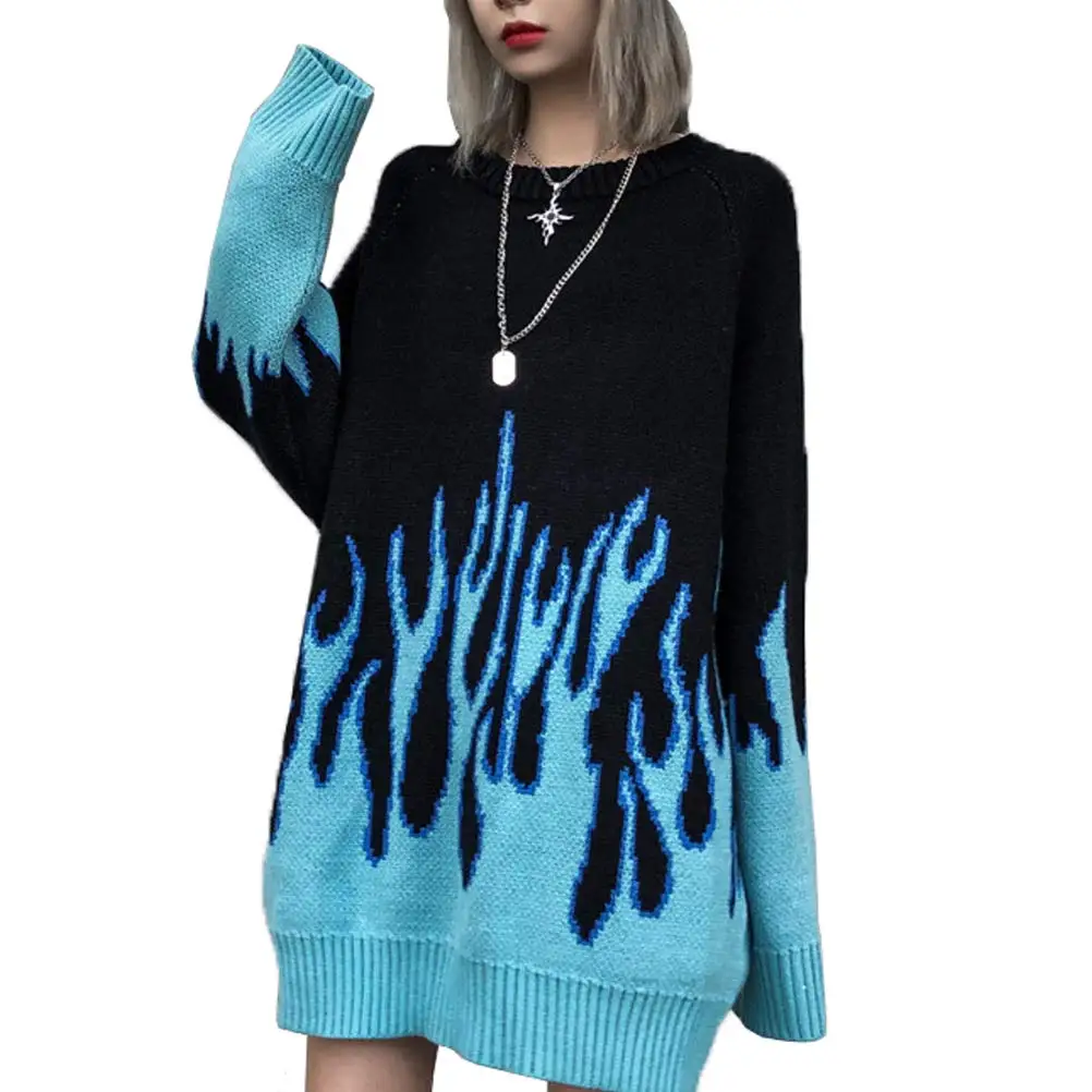 

New Sweater Female Hip-Hop Women Sweater Long Sleeve Flame Bat Sleeve Jumper Oversized Casual Knitting Loose Men's Pullover Tops