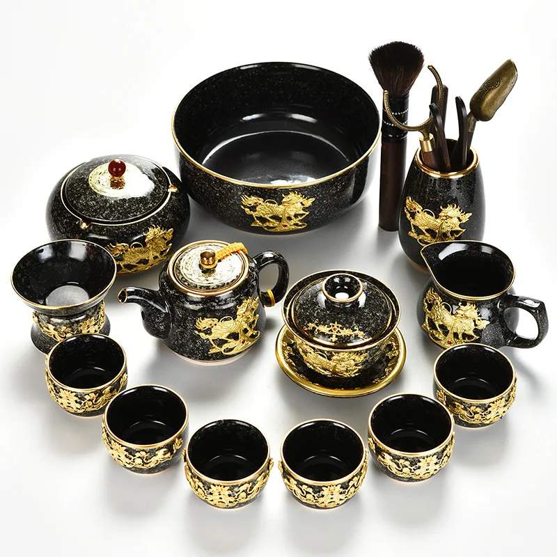 Gold inlaid kungfu tea set set, complete set of kiln turned black glaze, built household tea cups, office tea makers