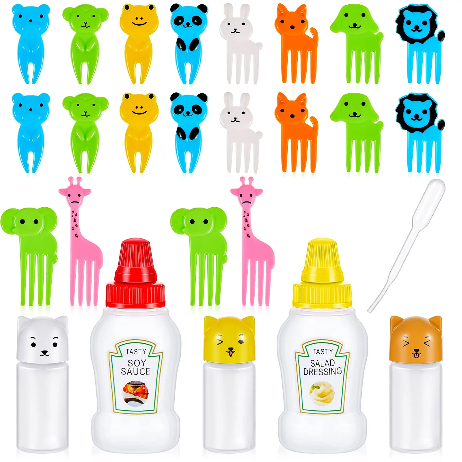 

Cute Mini Food Picks Children Animal Cartoon Snack Cake Dessert Food Fruit Forks With Plastic Condiment Squeeze Bottles