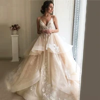 champagne wedding dresses sexy backless floral ruffles puffy lace bridal gowns beach wedding gowns vestido de noiva