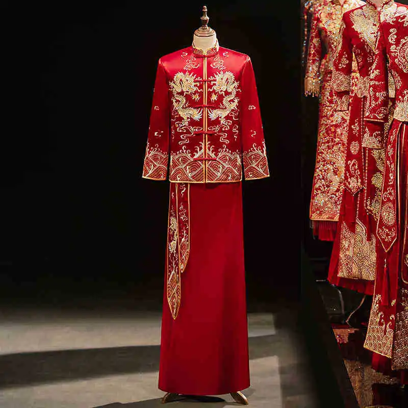 Chinese Style Men Marriage Set Dragon Embroidery Tang Suit Vintage Qipao Oriental Bridegroom Wedding Clothing Hanfu Costume