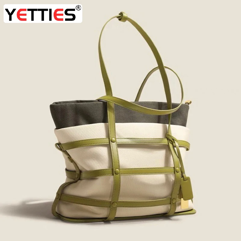 

Women's Woven Canvas Tote Bag 2023 Contrast Color Boarding Large Capacity Dual Color Inner Tank Bag Water Bucket Bag