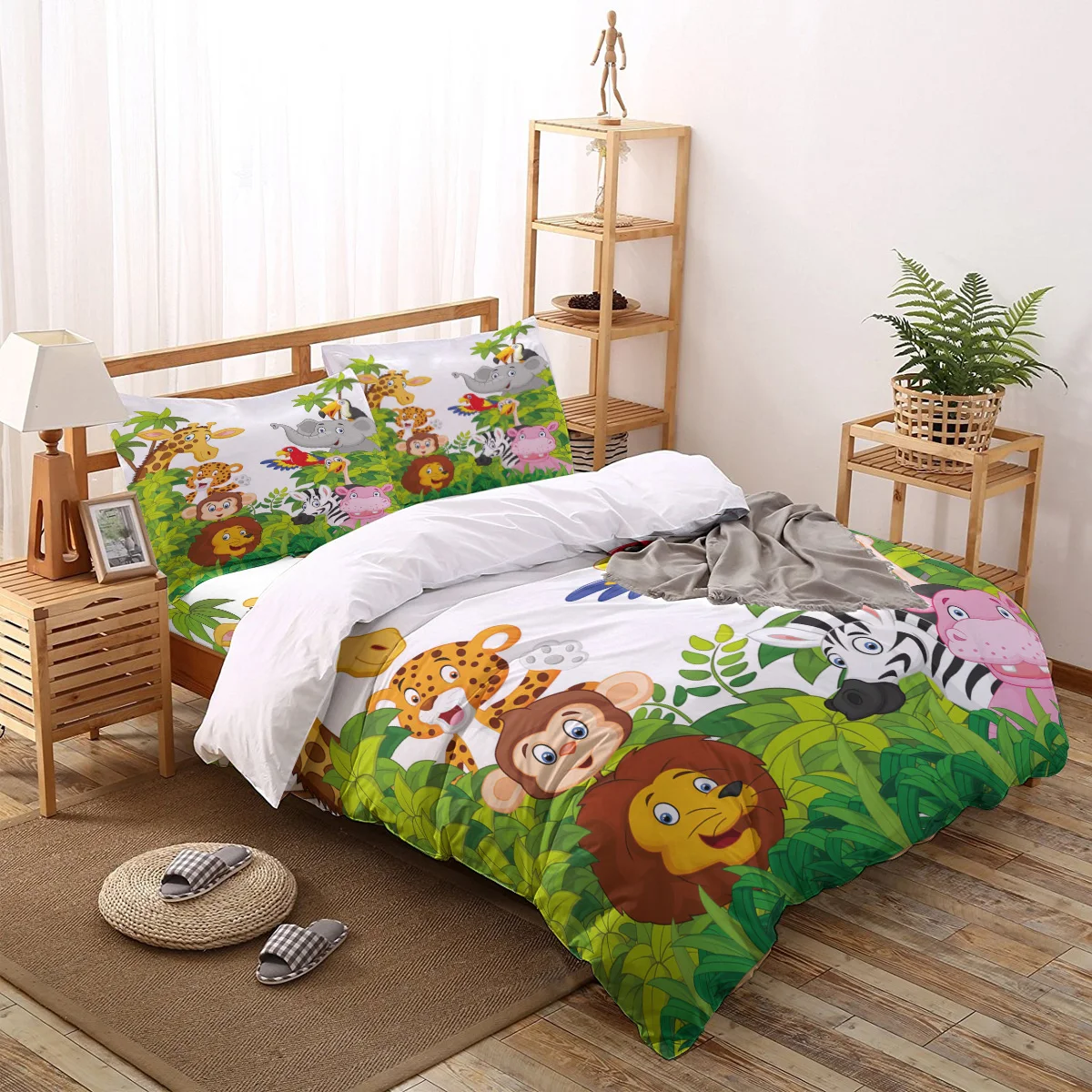 

Jungle Forest Animal Cartoon Giraffe Lion Zebra Elephant Home Textile Duvet Cover Pillow Case Bed Sheet Kids Bedding 3Pcs Set