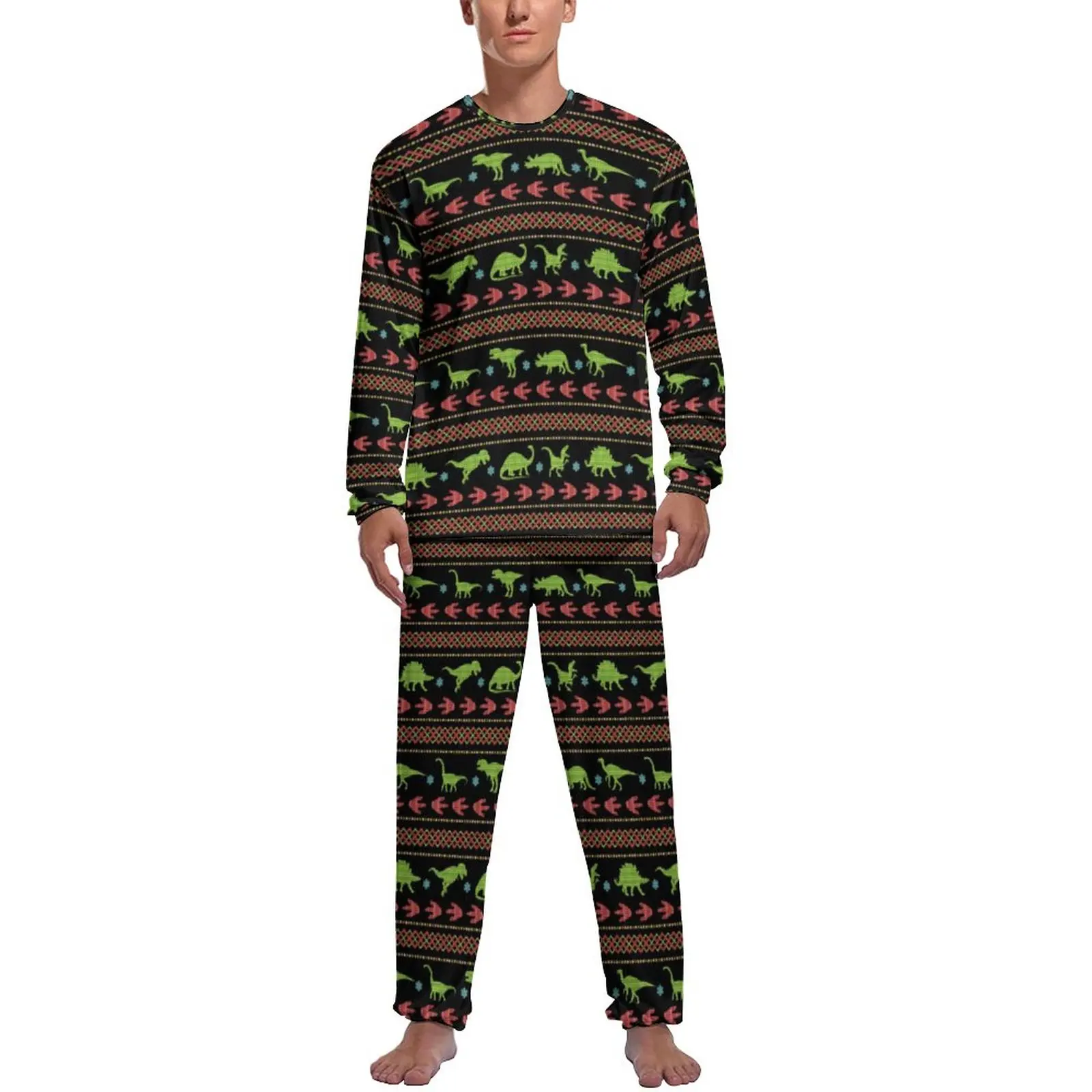 Christmas Dinosaurs Pajamas Spring Knit Embroidered Print Casual Home Suit Mens 2 Pieces Graphic Long-Sleeve Cute Pajamas Set